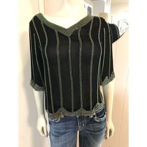 Vintage Judith Ann Creations XS Sheer Black 100% Silk Beaded Short Sleeved Top